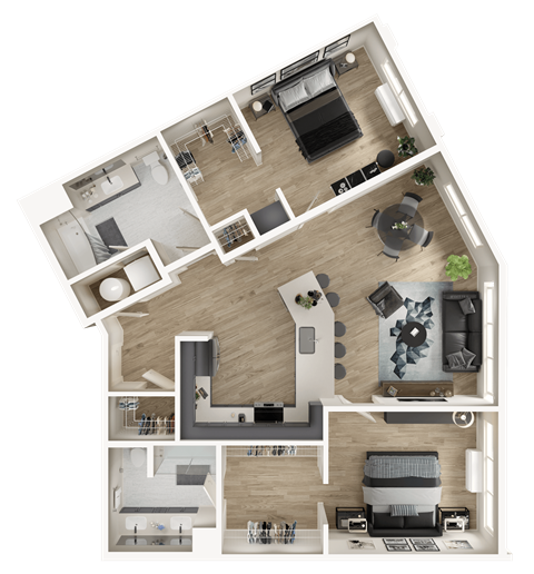 Floor plan for 2 beds, 2 baths, 1221 sqft